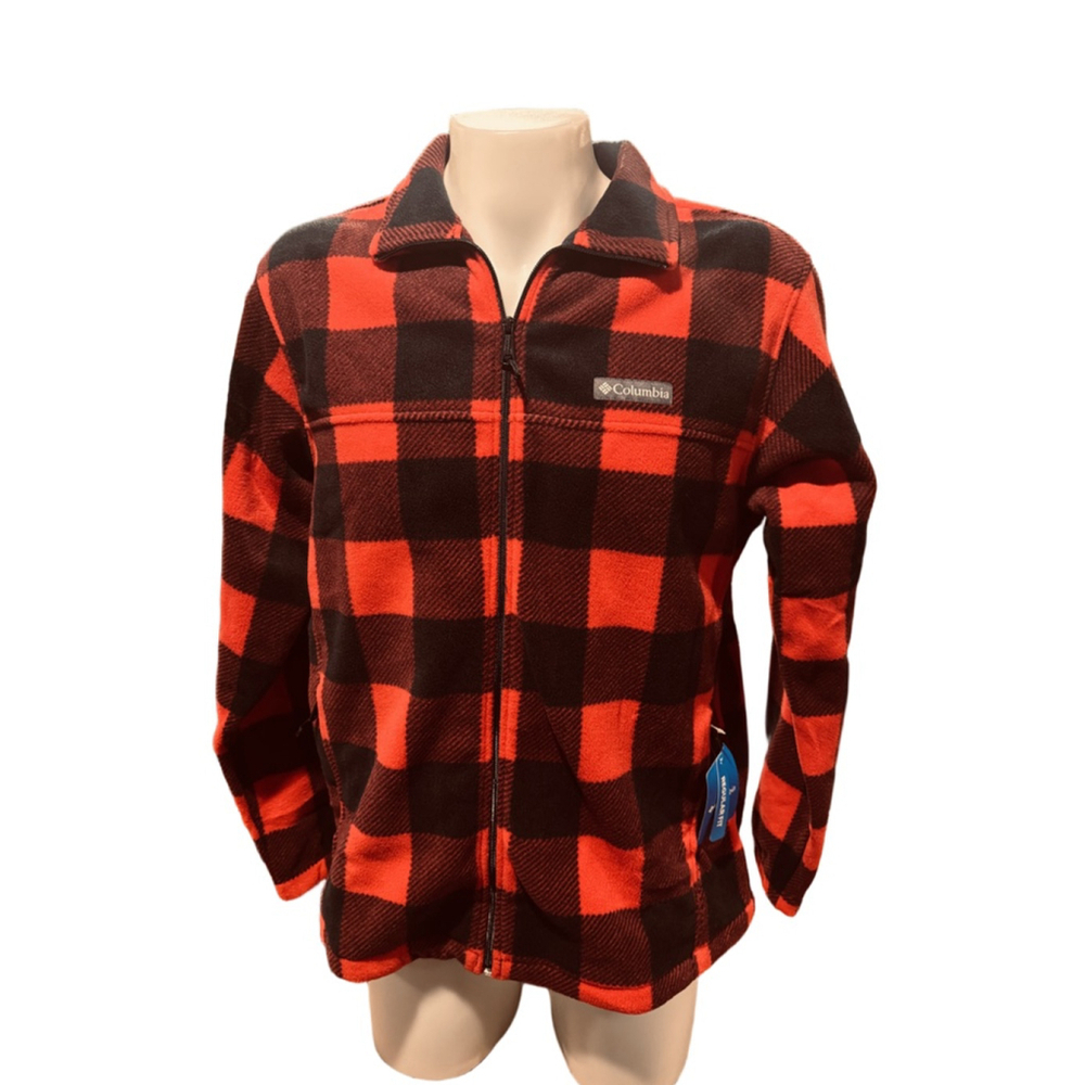 Men's Columbia Red Black Plaid Fleece Jacket XL - Picture 1 of 3